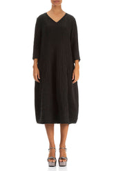 V-Neck Crinkled Black Silk Linen Dress 1