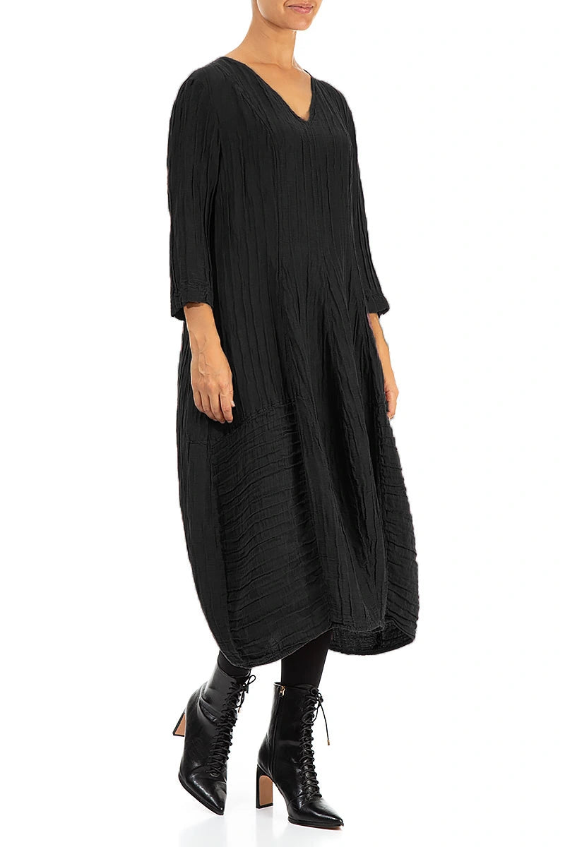 V-Neck Crinkled Black Silk Linen Dress 3