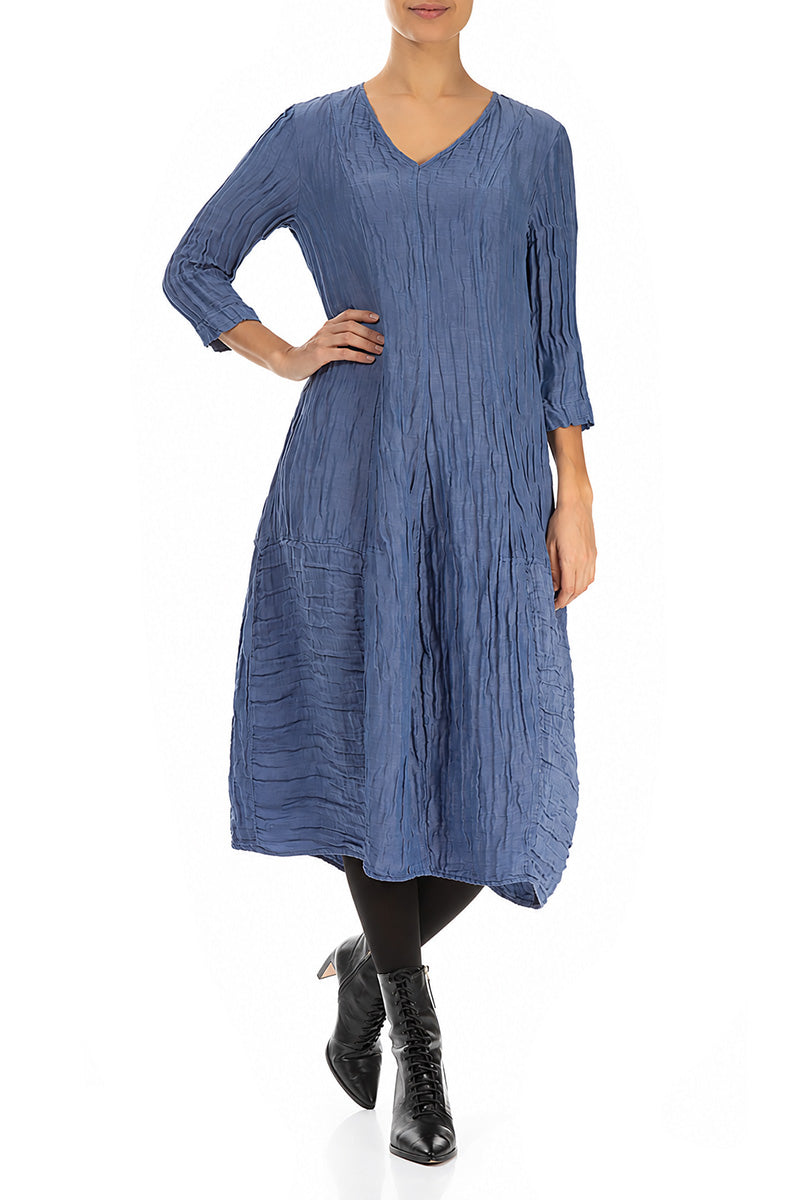 V-Neck Crinkled Blue Nova Silk Linen Dress 4
