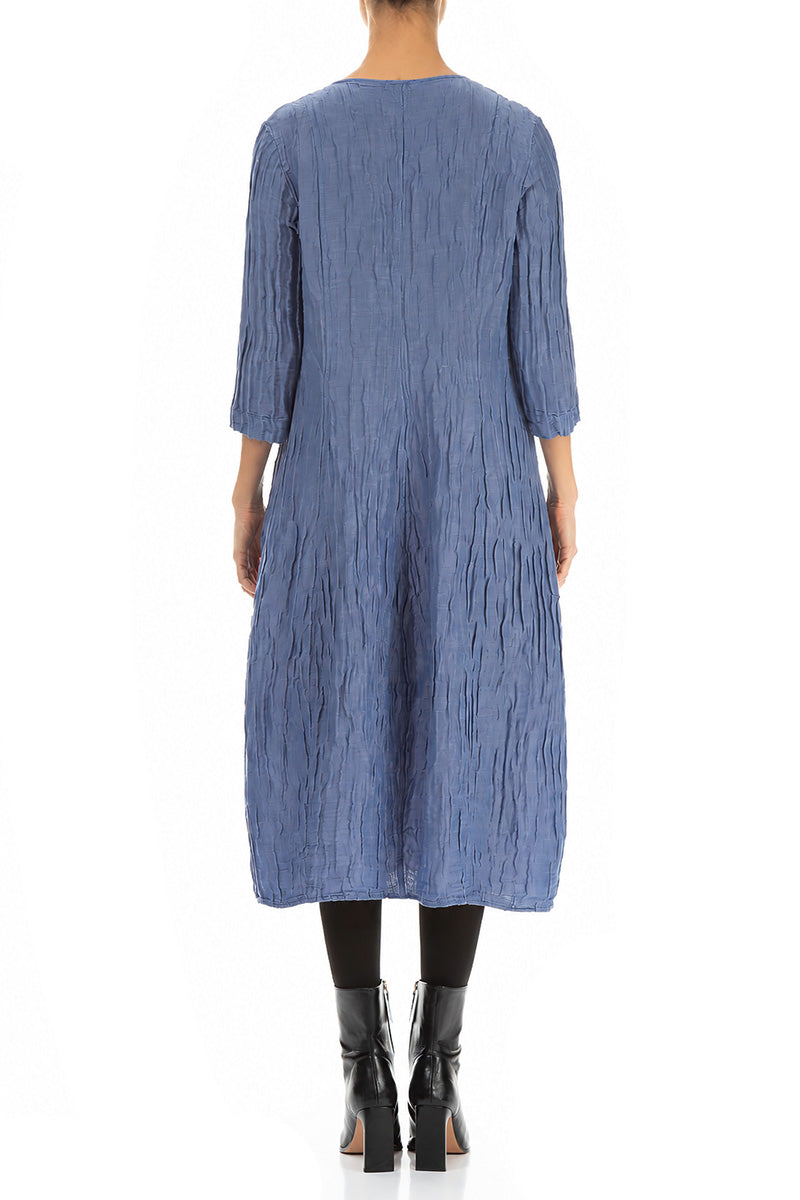 V-Neck Crinkled Blue Nova Silk Linen Dress