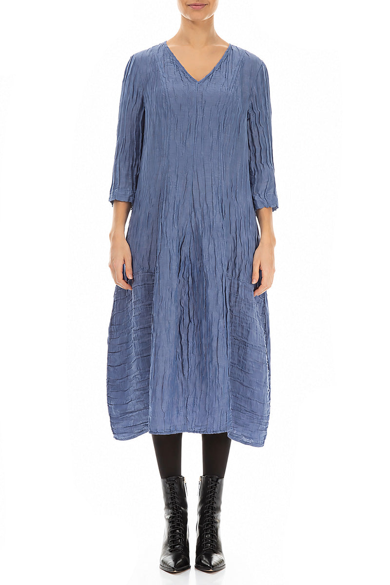 V-Neck Crinkled Blue Nova Silk Linen Dress 1