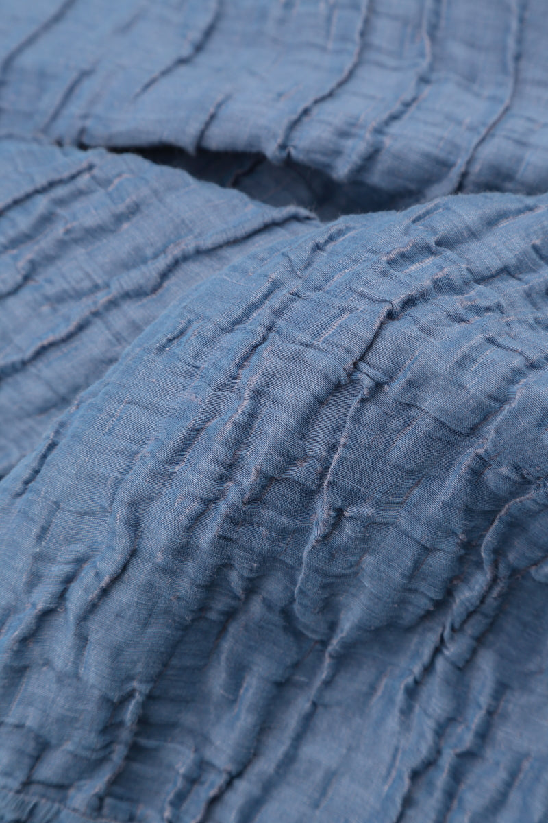 V-Neck Crinkled Blue Nova Silk Linen Dress 5