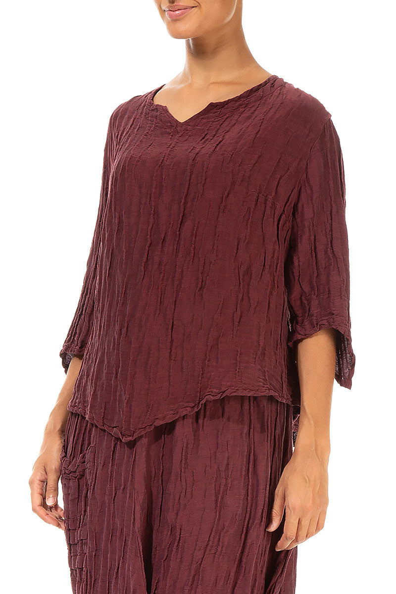 V-Neck Crinkled Burgundy Silk Blouse