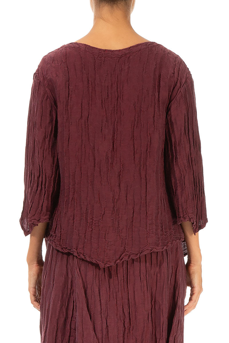 V-Neck Crinkled Burgundy Silk Blouse