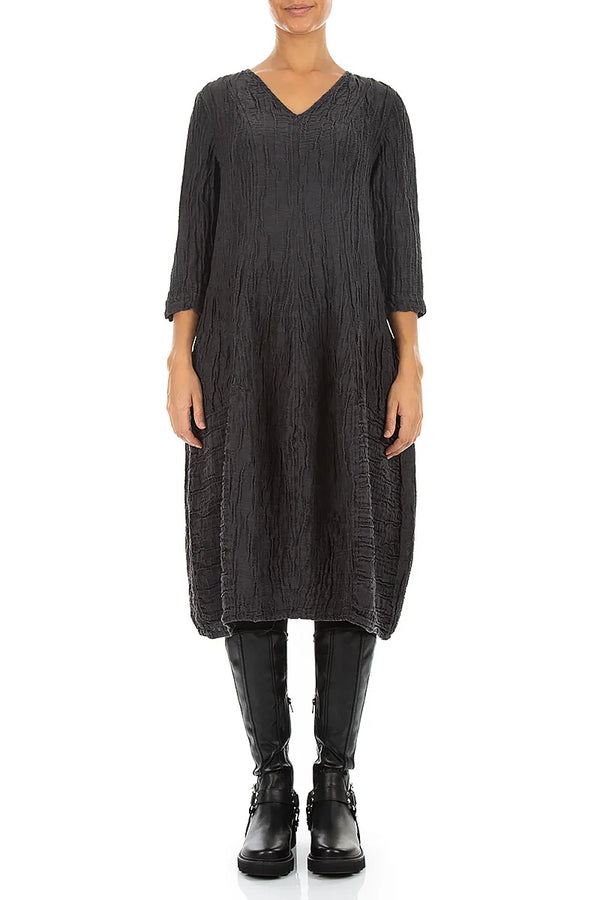 V-Neck Crinkled Charcoal Silk Linen Dress 1