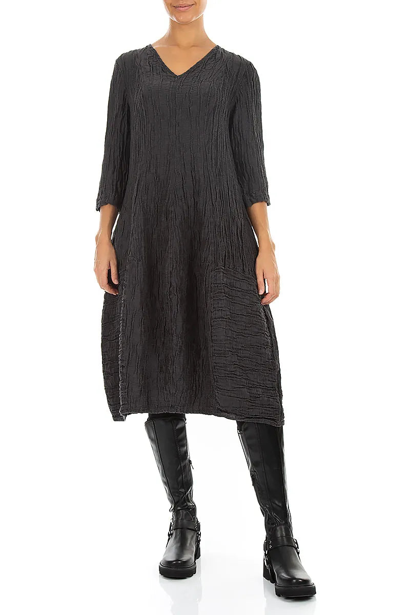 V-Neck Crinkled Charcoal Silk Linen Dress 4