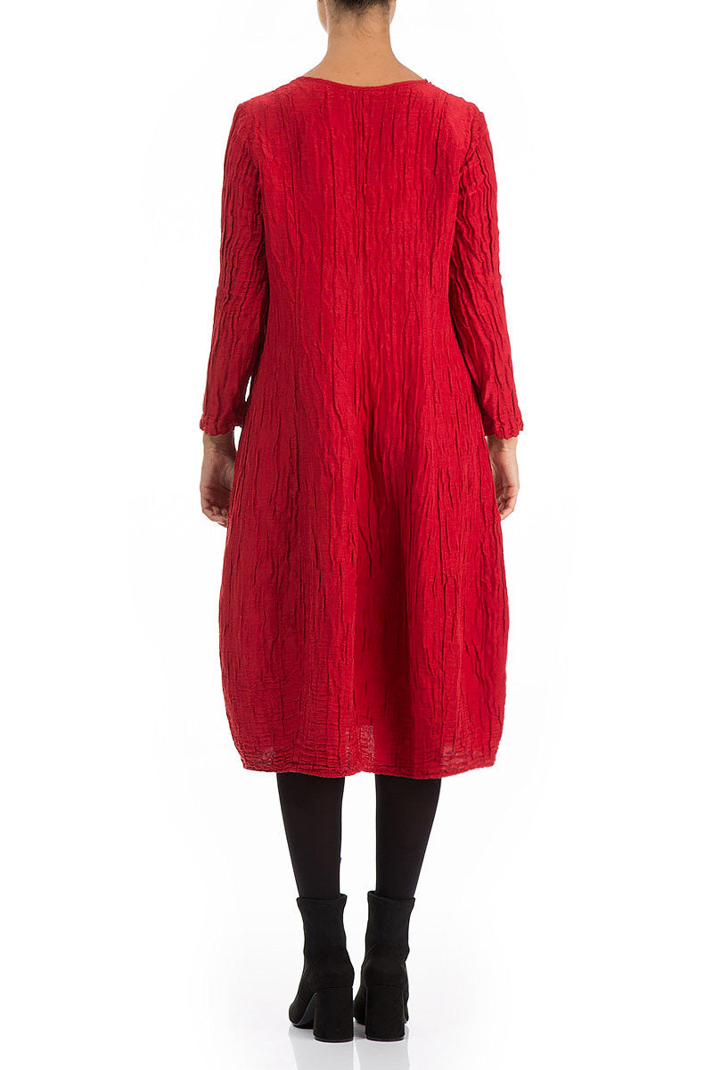 V-Neck Crinkled Cherry Red Silk Linen Dress 2