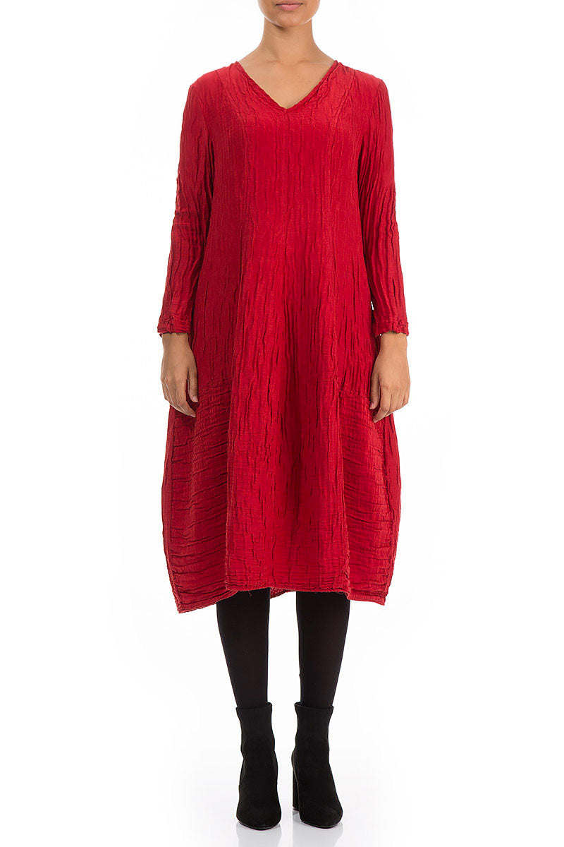 V-Neck Crinkled Cherry Red Silk Linen Dress 1