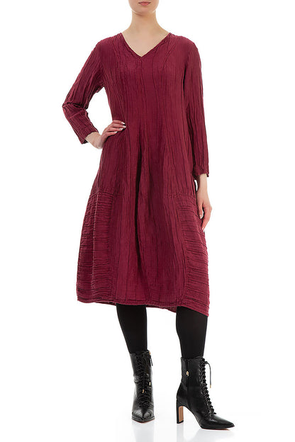 V-Neck Crinkled Claret Silk Linen Dress