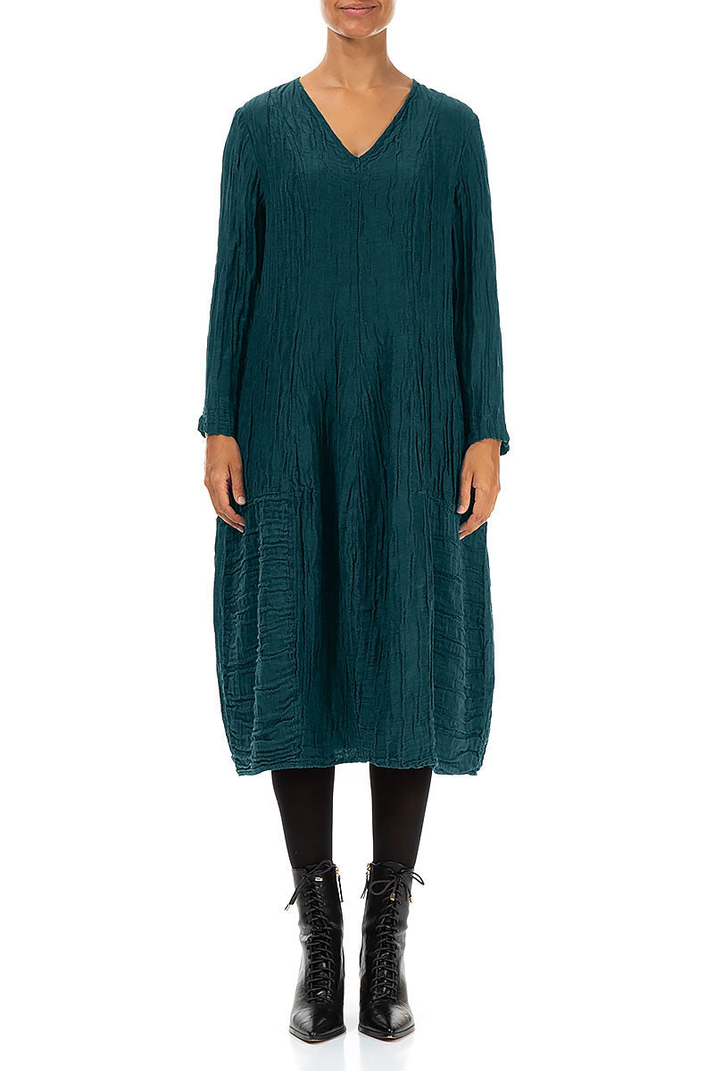 V-Neck Crinkled Dark Teal Silk Linen Dress