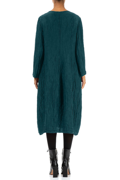 V-Neck Crinkled Dark Teal Silk Linen Dress