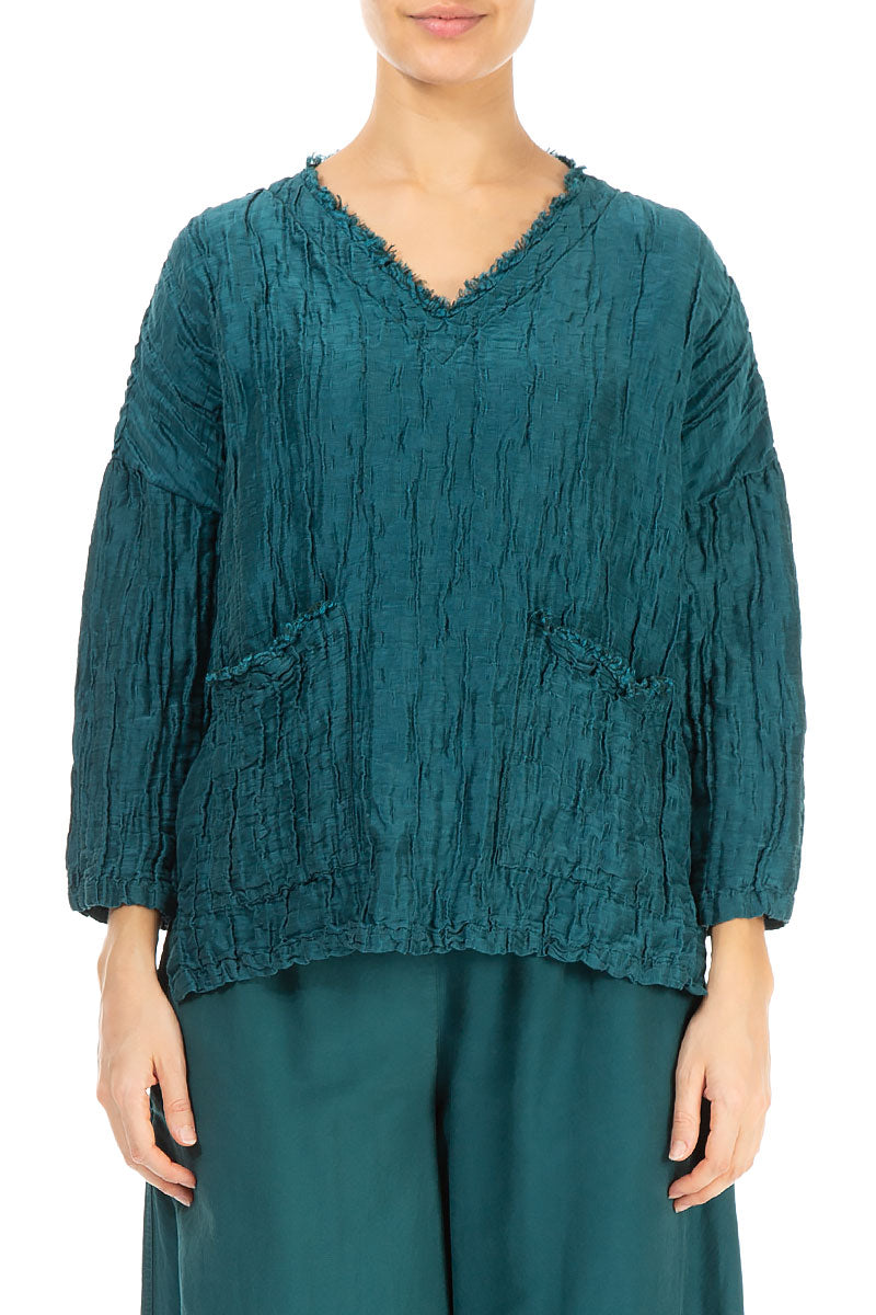 V-Neck Crinkled Emerald Silk Blouse