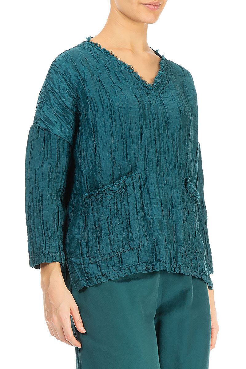 V-Neck Crinkled Emerald Silk Blouse