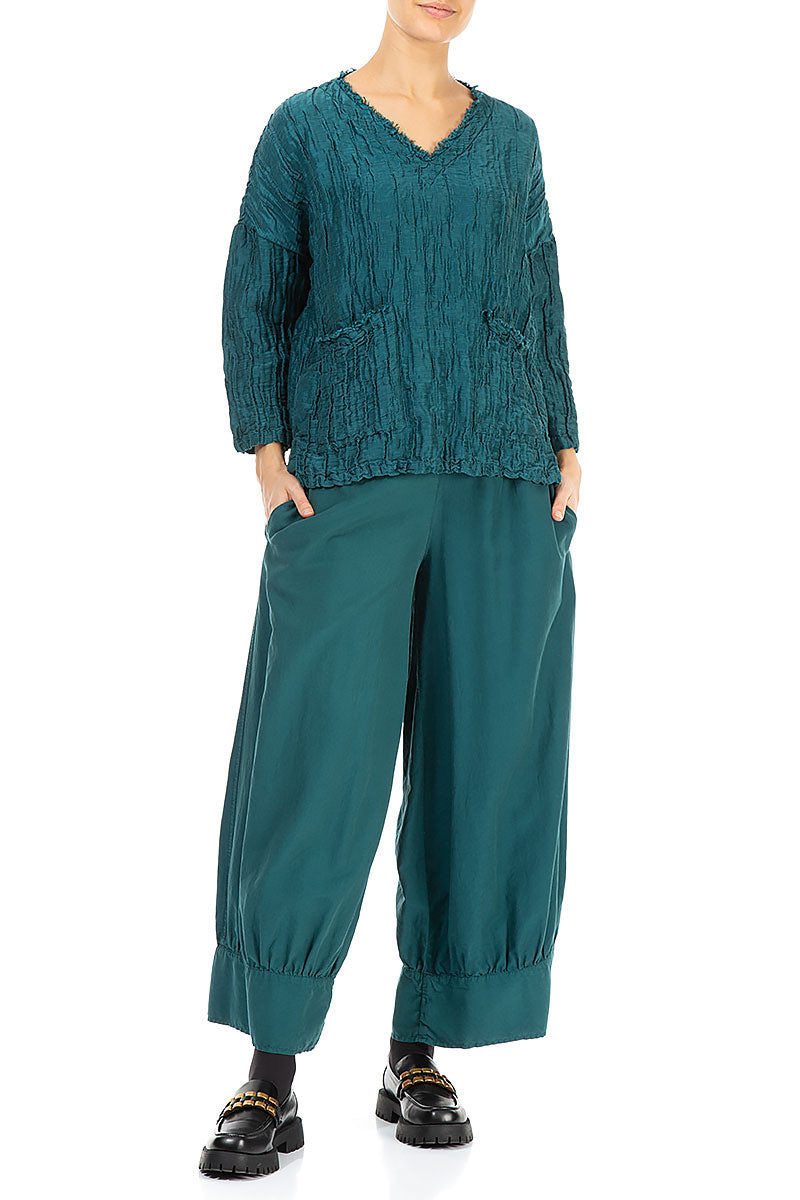 V-Neck Crinkled Emerald Silk Blouse