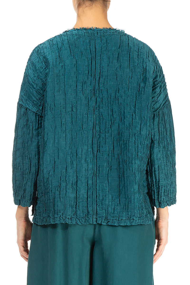 V-Neck Crinkled Emerald Silk Blouse