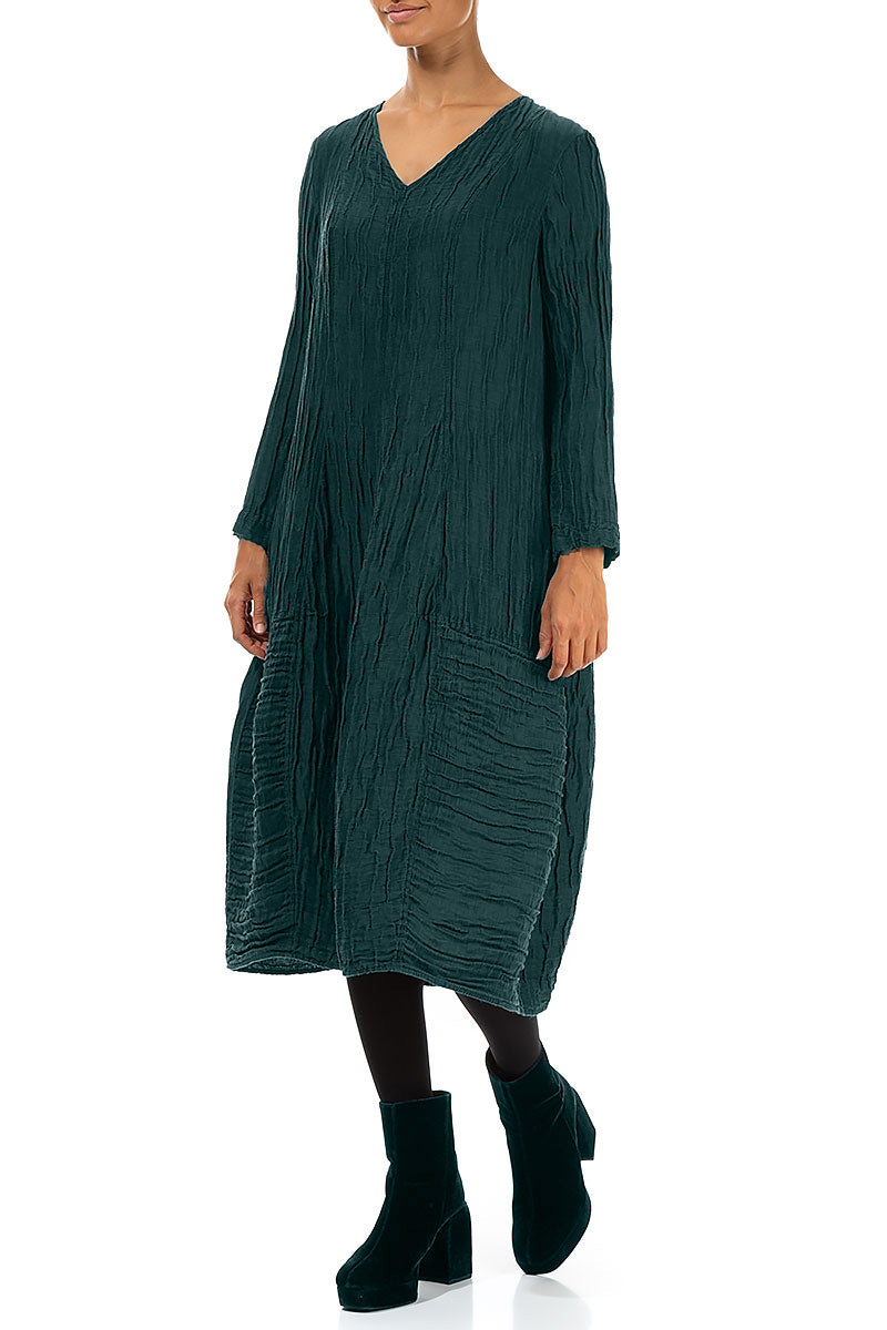 V-Neck Crinkled Emerald Silk Linen Dress