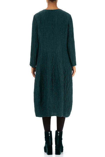 V-Neck Crinkled Emerald Silk Linen Dress