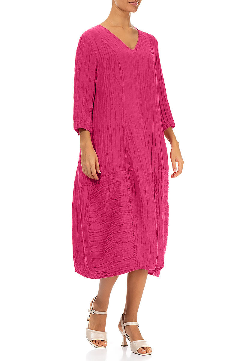 V-Neck Crinkled Fuchsia Silk Linen Dress 3