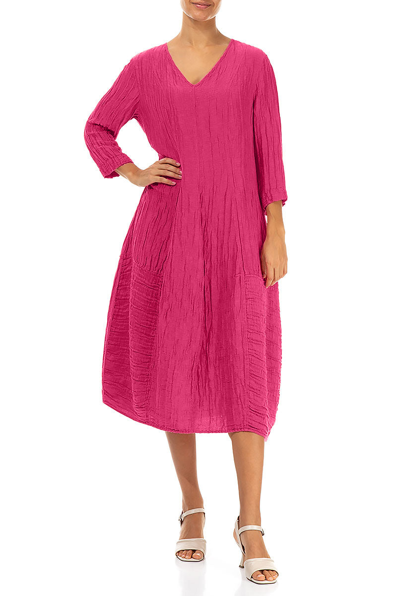 V-Neck Crinkled Fuchsia Silk Linen Dress 4
