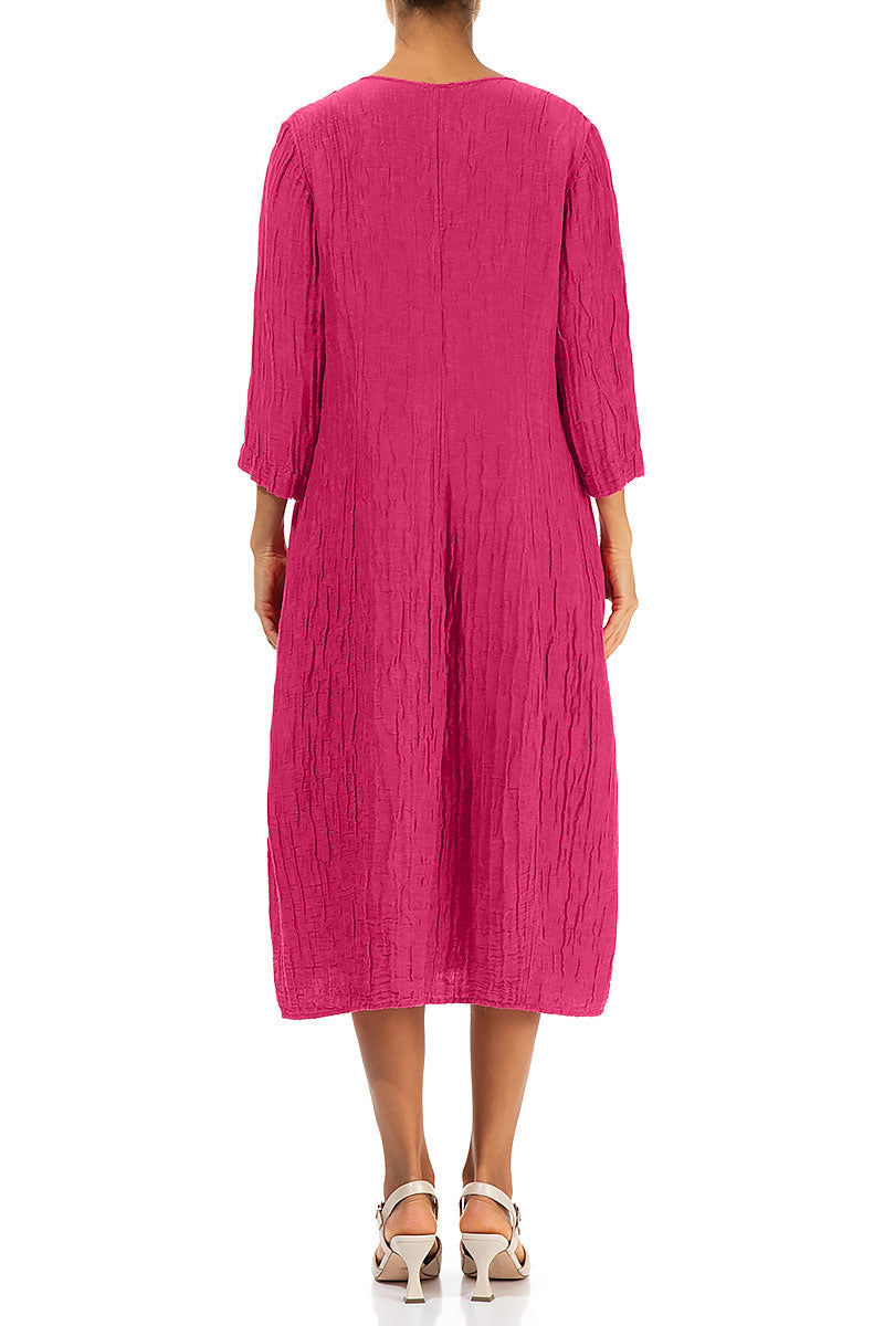 V-Neck Crinkled Fuchsia Silk Linen Dress 2