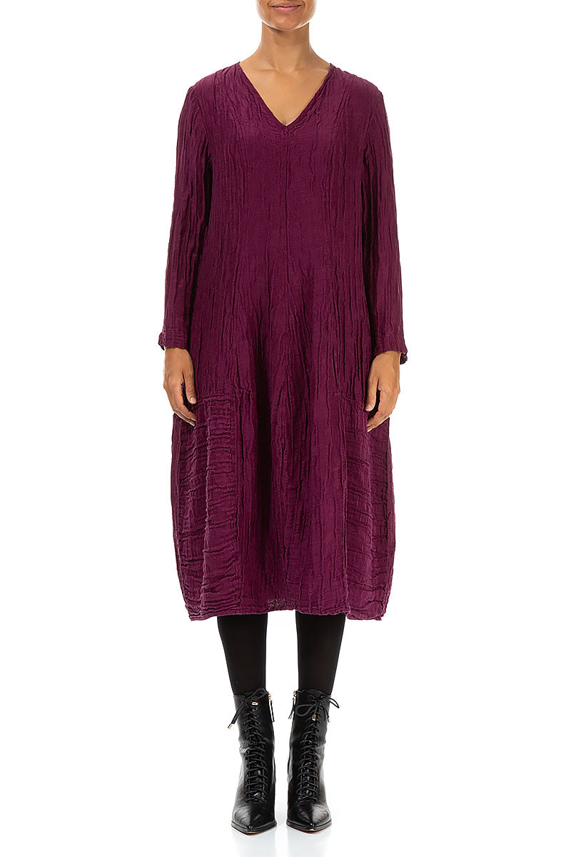 V-Neck Crinkled Magenta Silk Linen Dress