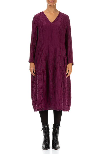 V-Neck Crinkled Magenta Silk Linen Dress