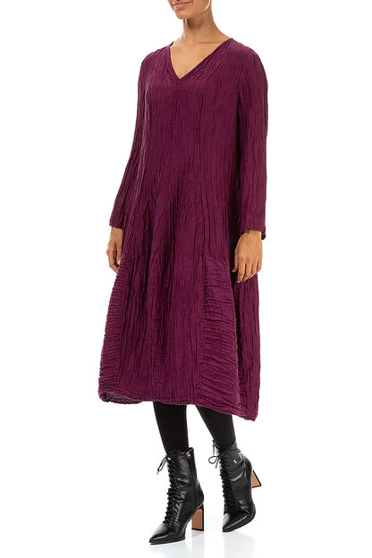 V-Neck Crinkled Magenta Silk Linen Dress