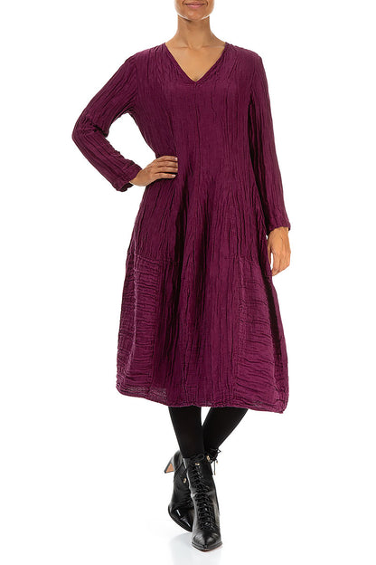 V-Neck Crinkled Magenta Silk Linen Dress