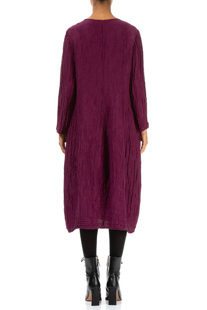 V-Neck Crinkled Magenta Silk Linen Dress