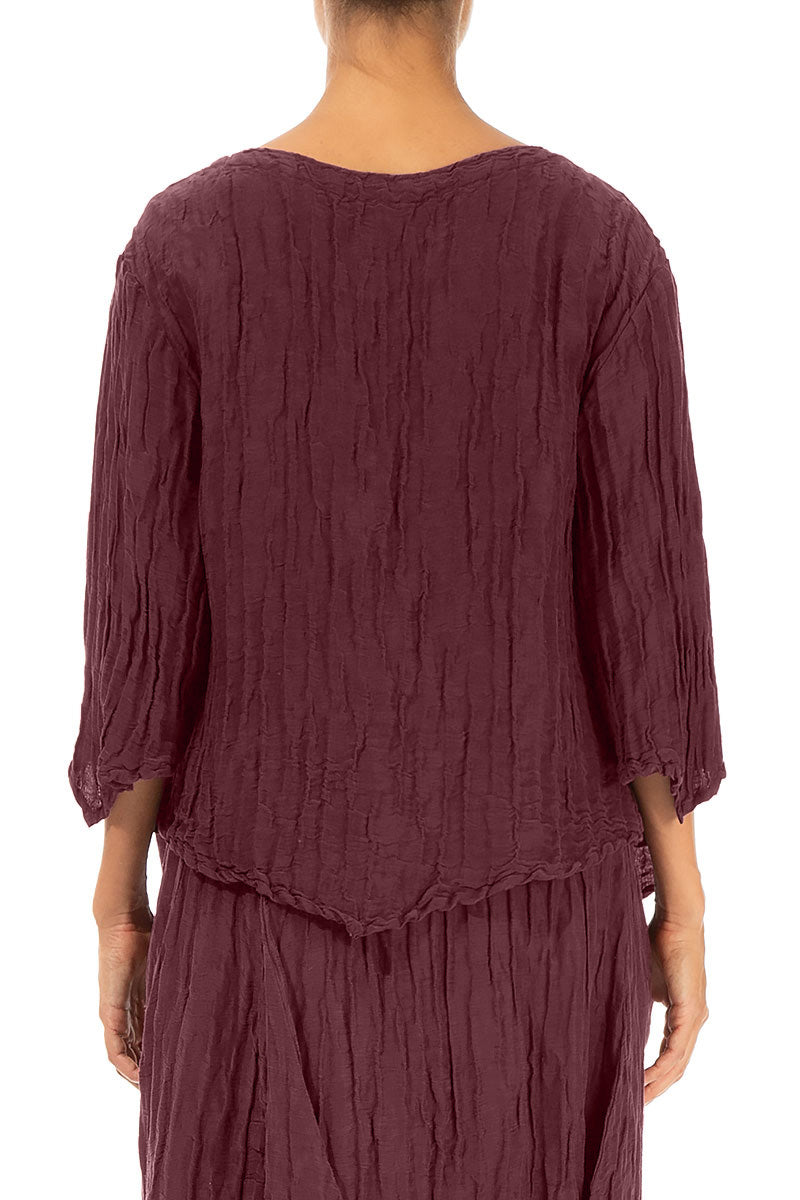 V-Neck Crinkled Merlot Silk Blouse