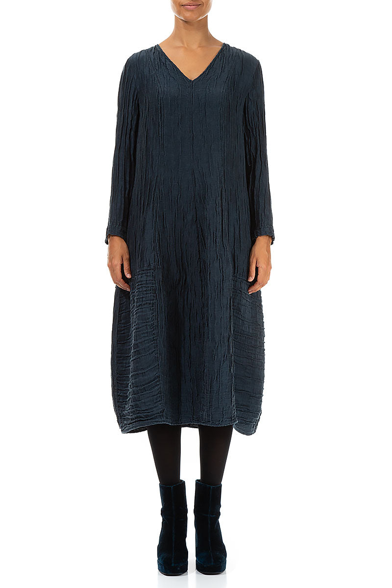 V-Neck Crinkled Midnight Blue Silk Linen Dress