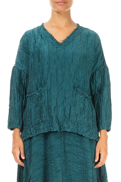 V-Neck Crinkled Peacock Silk Linen Blouse 1