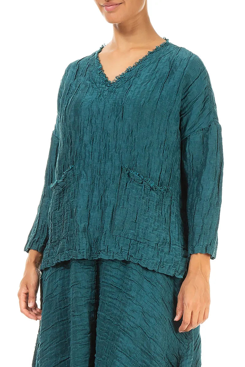 V-Neck Crinkled Peacock Silk Linen Blouse 3