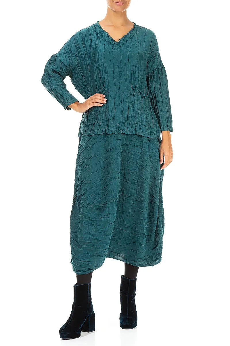 V-Neck Crinkled Peacock Silk Linen Blouse 4