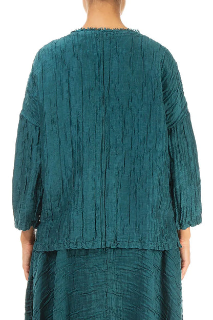 V-Neck Crinkled Peacock Silk Linen Blouse 2