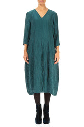 V-Neck Crinkled Peacock Silk Linen Dress 1