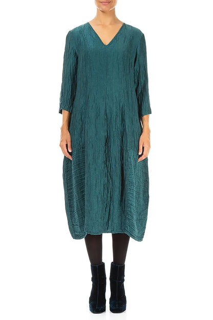 V-Neck Crinkled Peacock Silk Linen Dress 1