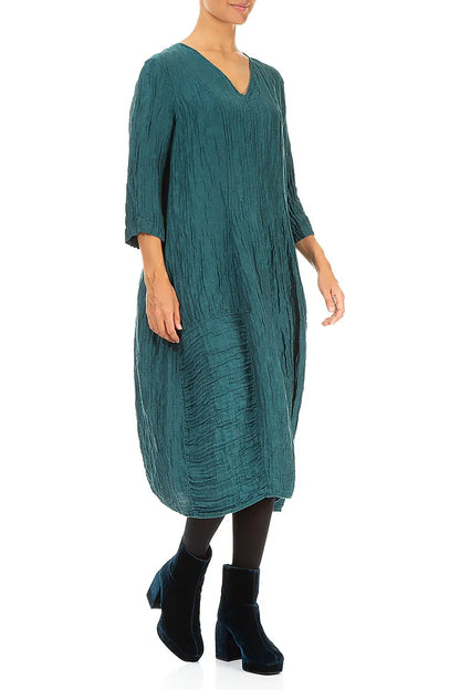 V-Neck Crinkled Peacock Silk Linen Dress 3