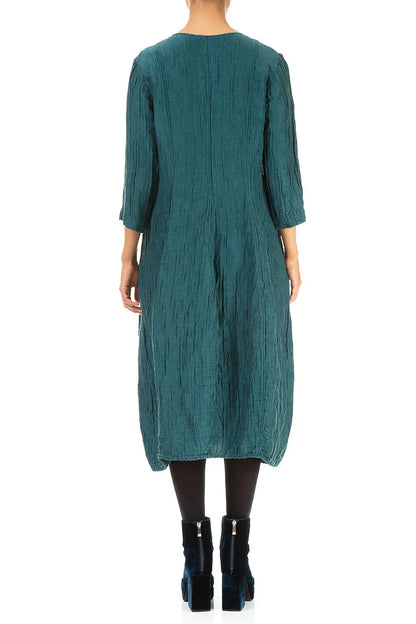 V-Neck Crinkled Peacock Silk Linen Dress 2