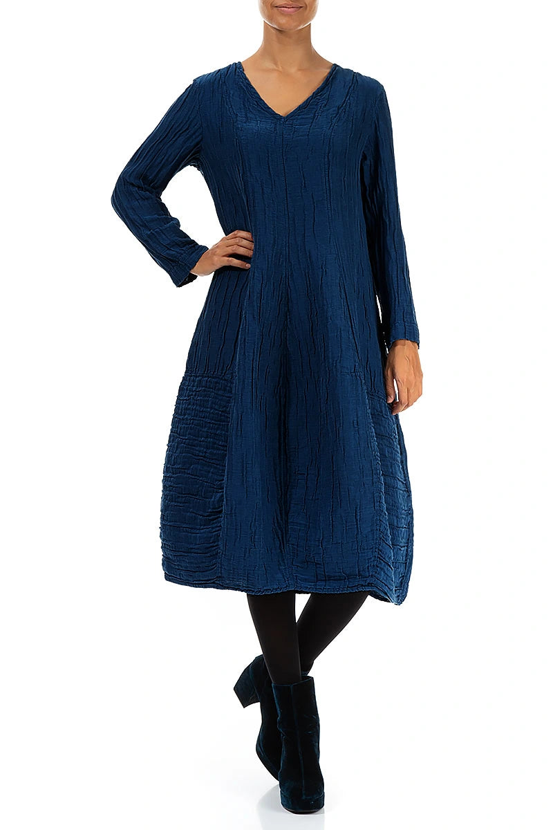V-Neck Crinkled Royal Blue Silk Linen Dress 4