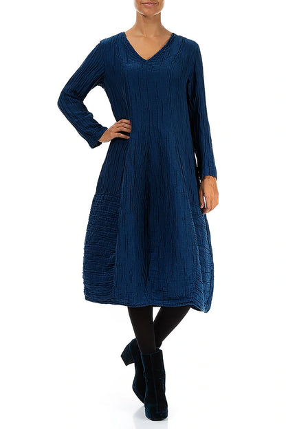 V-Neck Crinkled Royal Blue Silk Linen Dress 4