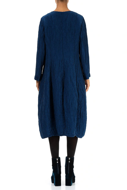 V-Neck Crinkled Royal Blue Silk Linen Dress 2