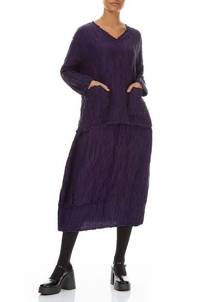V-Neck Crinkled Royal Purple Silk Linen Blouse 5