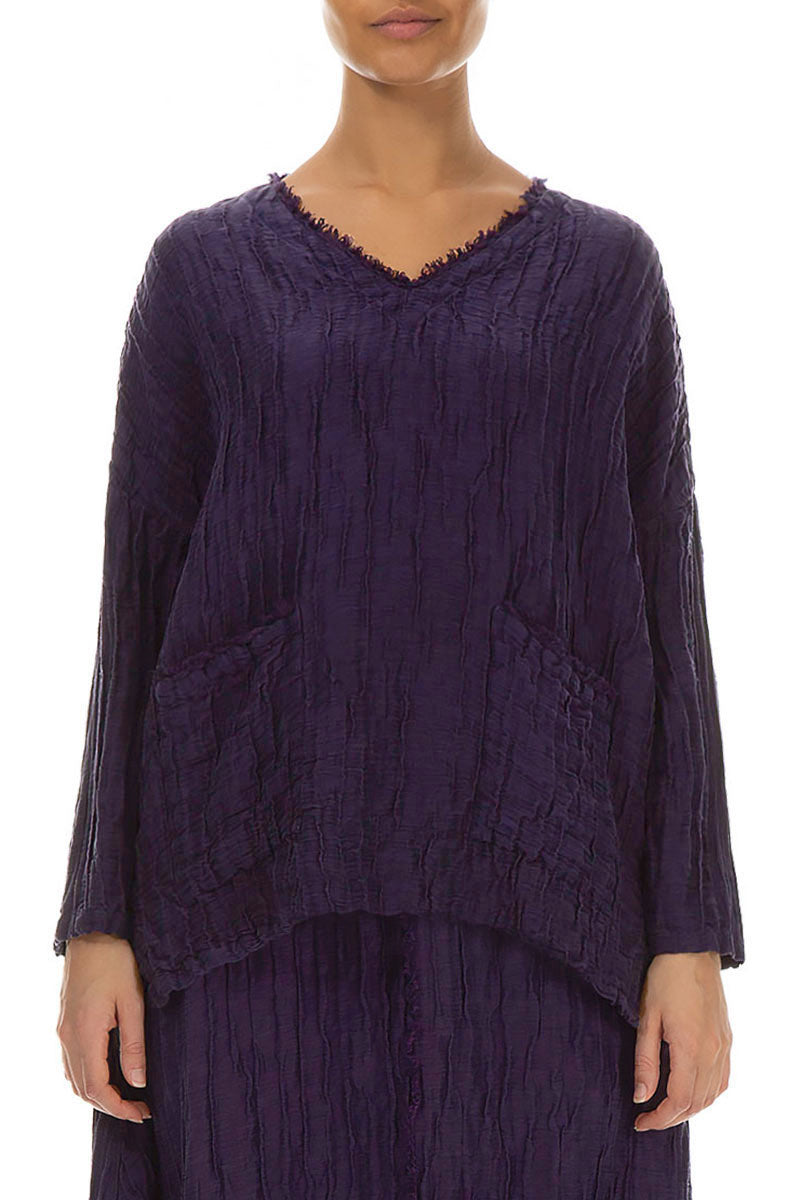 V-Neck Crinkled Royal Purple Silk Linen Blouse 1