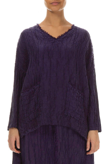 V-Neck Crinkled Royal Purple Silk Linen Blouse 1
