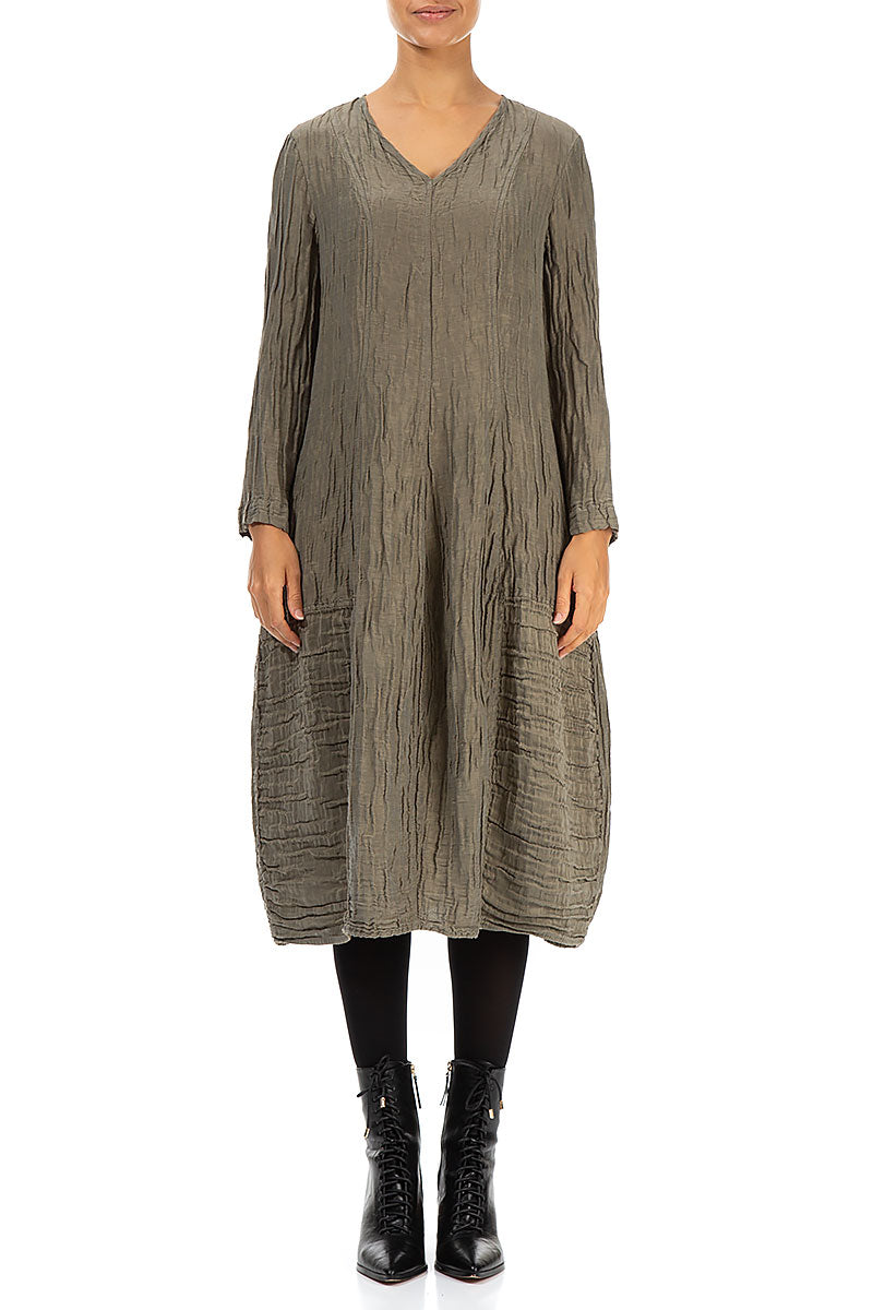 V-Neck Crinkled Silver Sage Silk Linen Dress