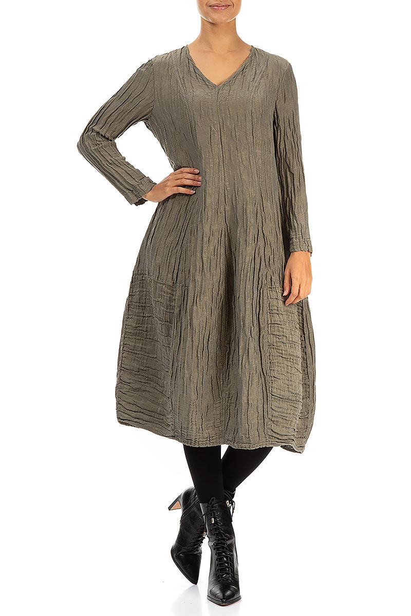 V-Neck Crinkled Silver Sage Silk Linen Dress