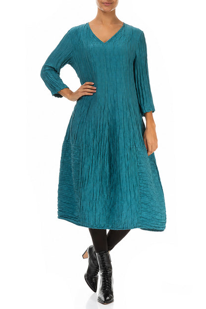 V-Neck Crinkled Turquoise Silk Linen Dress