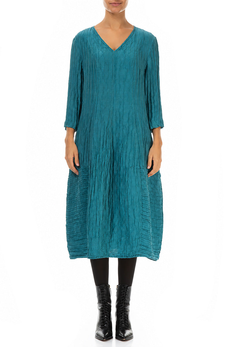 V-Neck Crinkled Turquoise Silk Linen Dress
