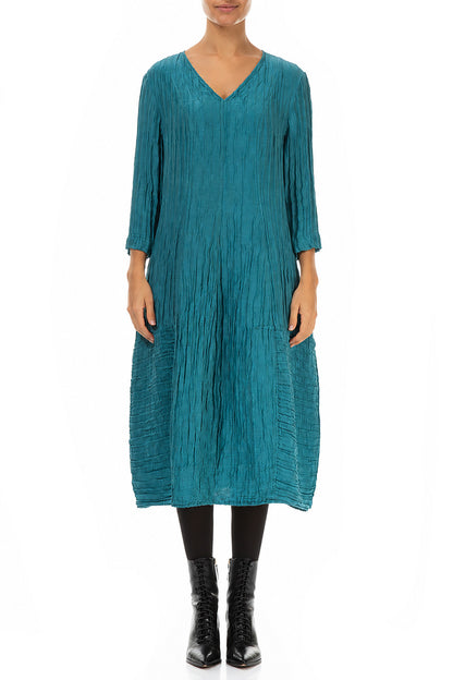 V-Neck Crinkled Turquoise Silk Linen Dress